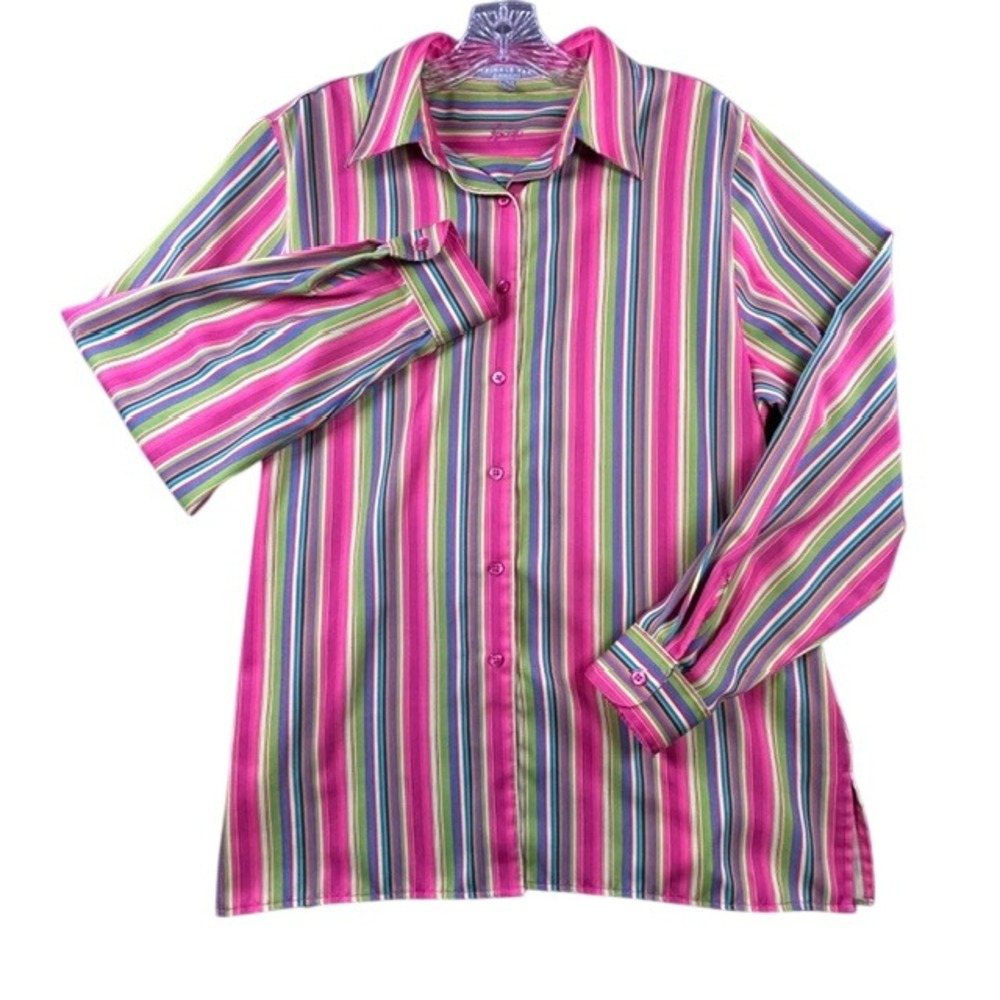 Foxcroft Women's Pink Multicolor Striped Wrinkle Free Button Up Blouse 14 Shirt